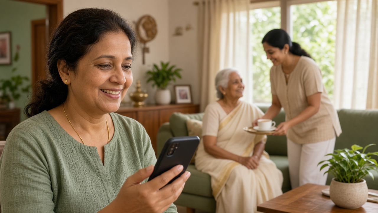 A compassionate Saathi companion supporting an elderly parent in Chennai