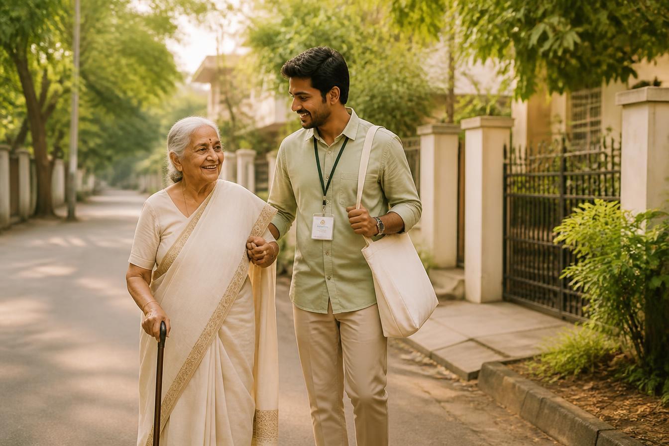 A SaathiGo companion walking beside an elderly woman on a tree-lined Chennai street